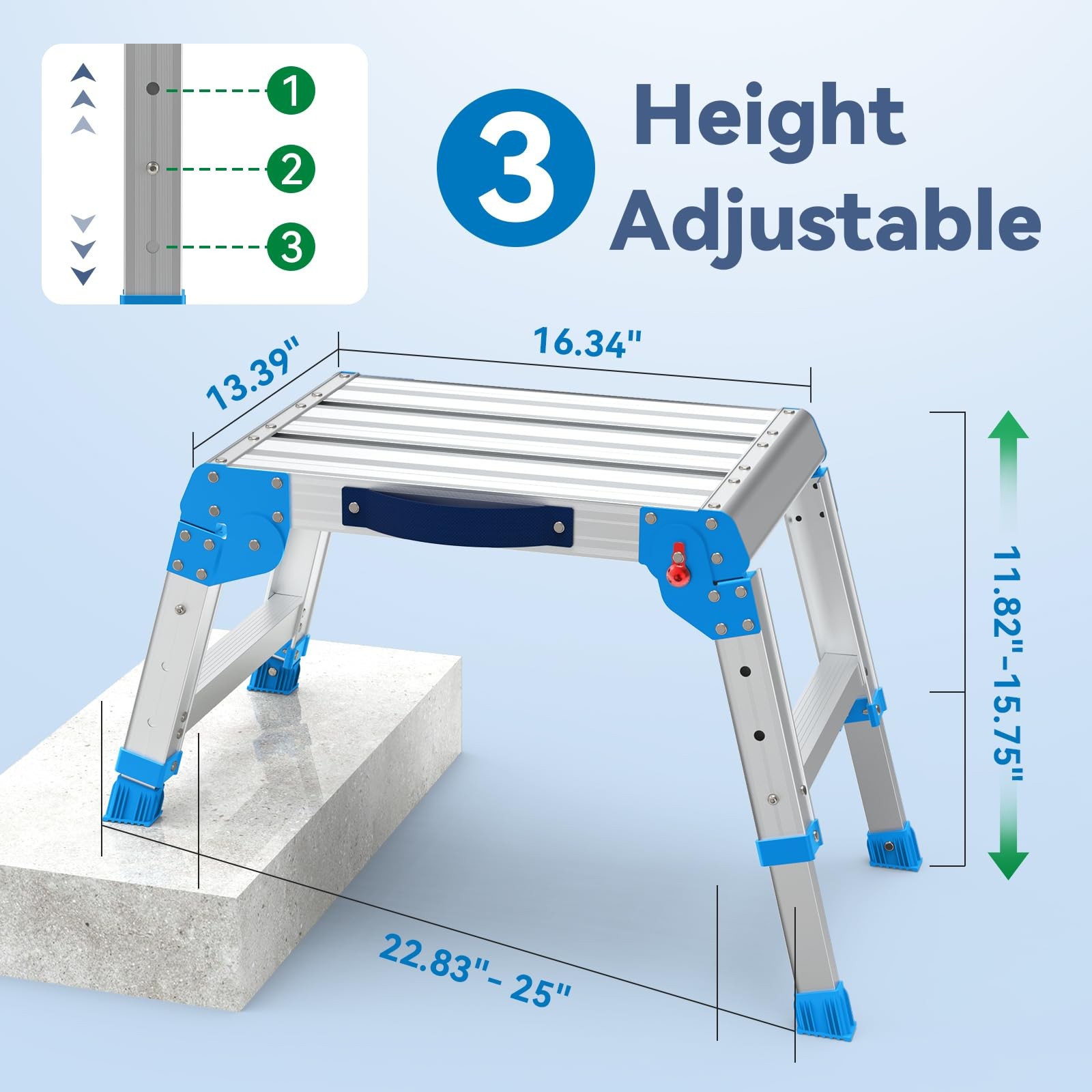 600lbs Work Platform, Foldable Step Stool with One-Click Folding and 3 Adjust.