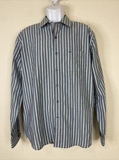 Van Heusen Men Size L Gray/Blue Striped Button Up Shirt Long Sleeve Pocket Slim