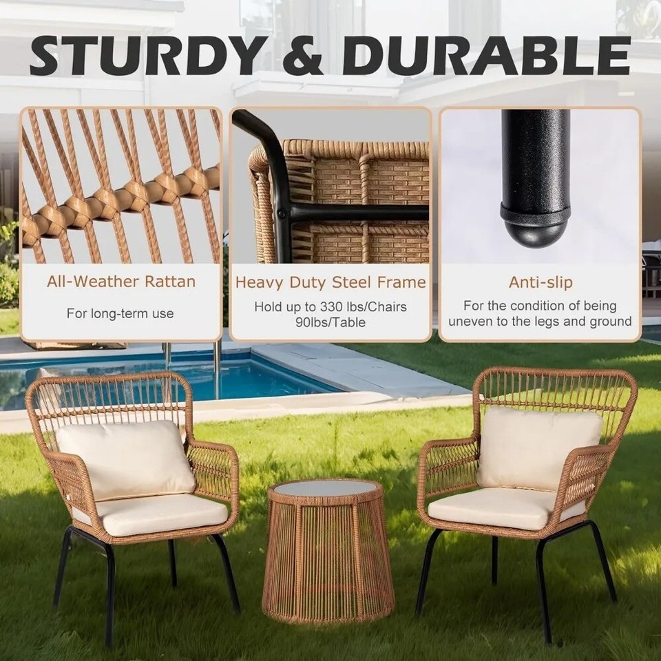 3 Piece Outdoor Wicker Furniture Bistro Set, Rattan Chairs For Outdoor
