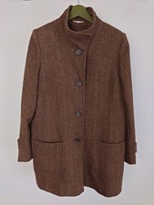 Abraham Moon Brown Pure Wool Herringbone Tweed 3/4 Over Coat Uk 14 Pockets