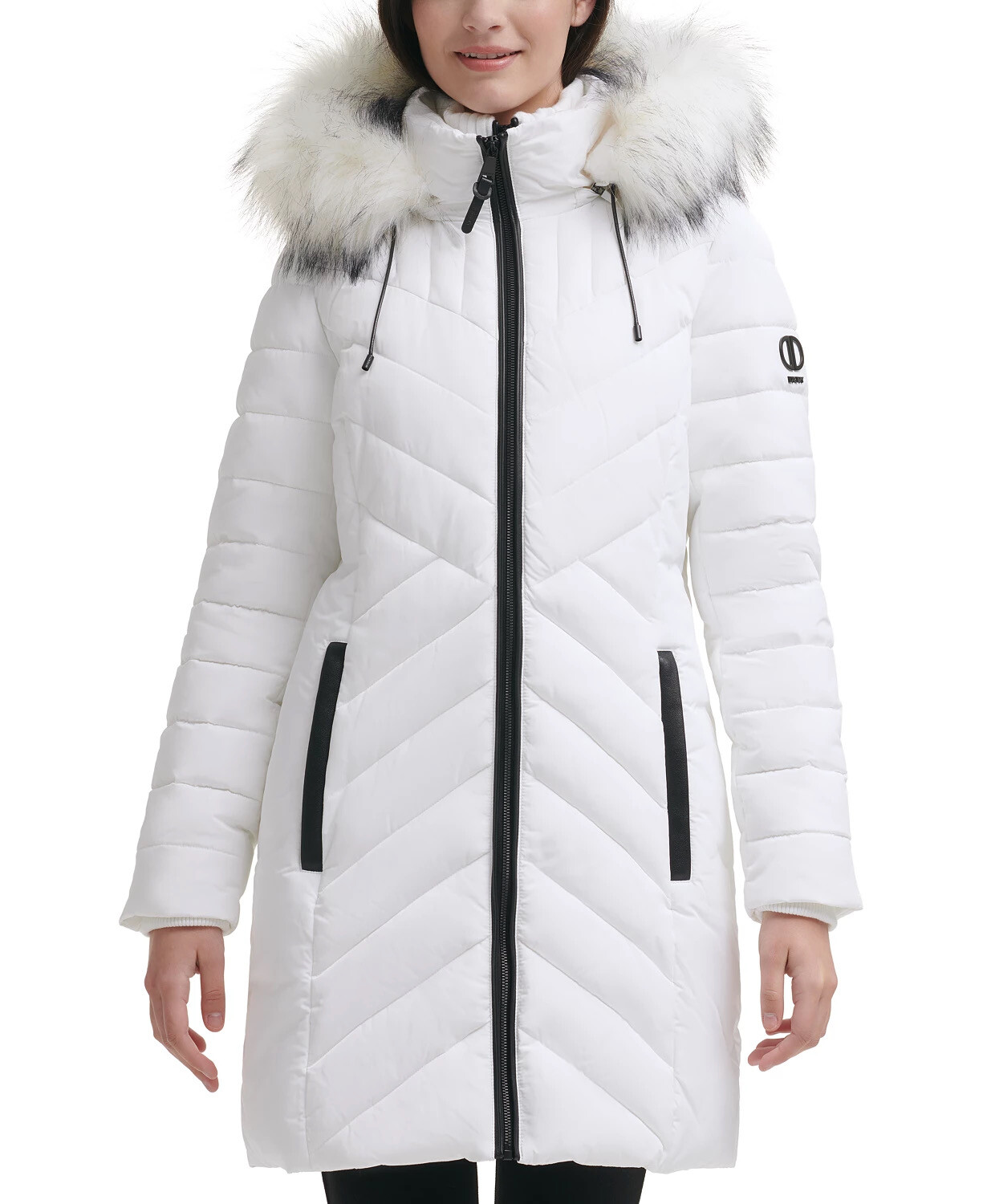 Faux-Fur-Trim Hooded Puffer Coat White 