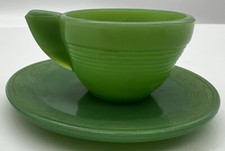 Green Miniature Akro Agate Round Cup and Saucer Child's Glass Toy Set 30s-50s