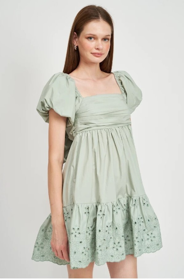 en saison puff sleeve mini dress En Saison Kalani Cotton Poplin Embroidered Mini Dress 'Seafoam' Size Small
