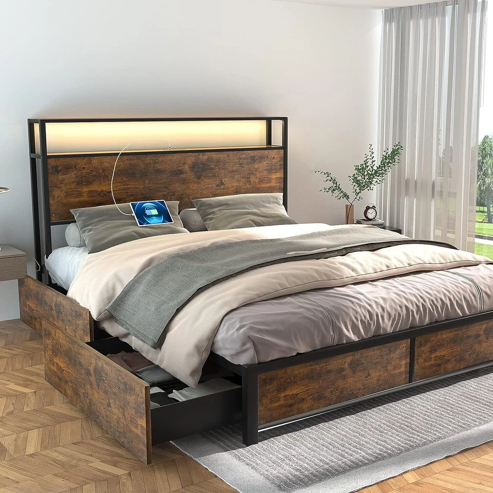 Queen and Full Size Bed Metal Platform with Storage Drawers Headboard USB Ports - Image 3 of 4