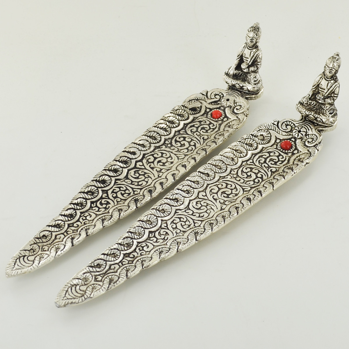 Antique Silver Sitting Buddha Incense Stick Holder Set of Two New Age Deco 40137