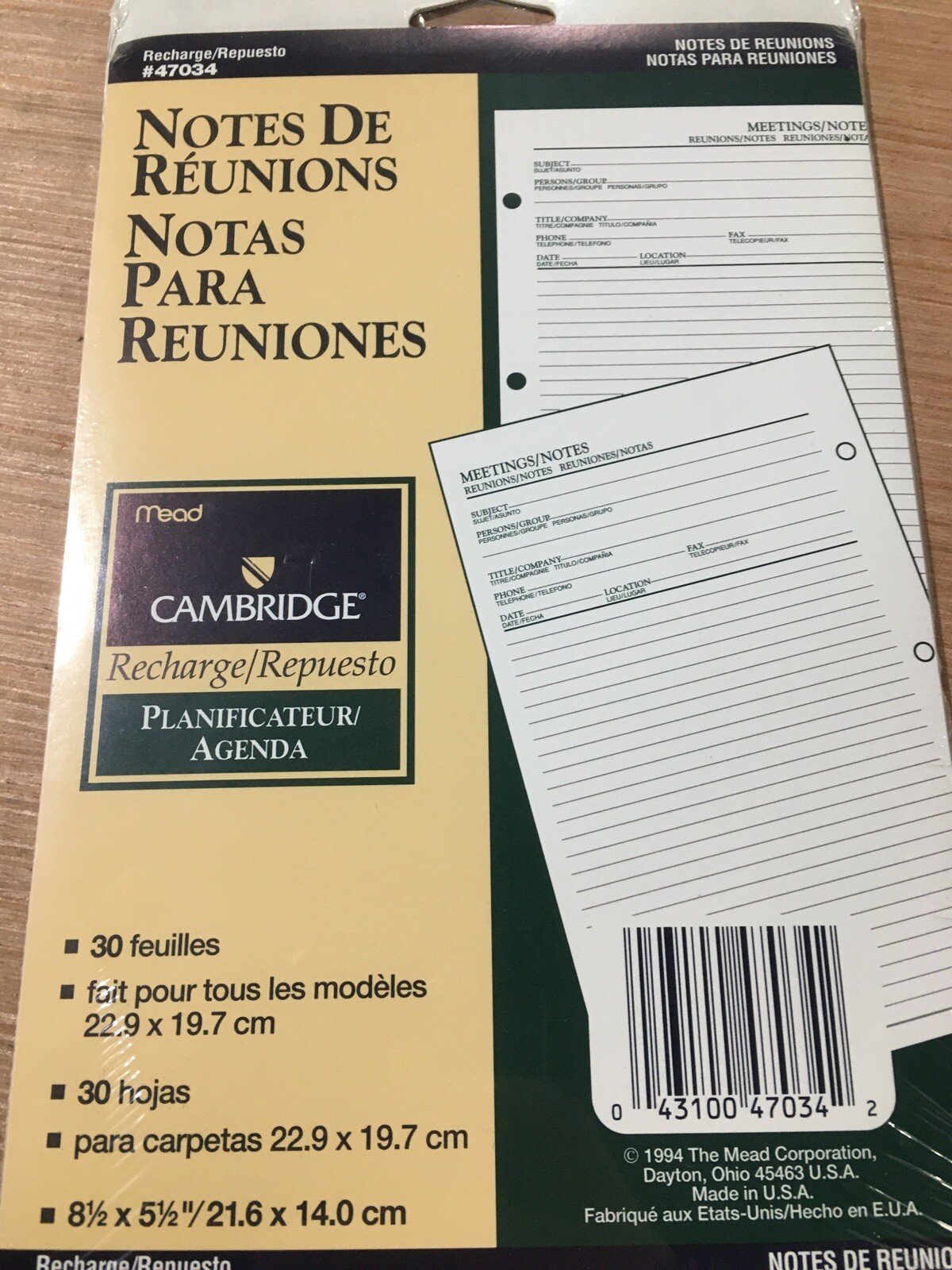 Mead Planner 47034 Refill Undated Meeting Notes 30 Sheets Franklin Day