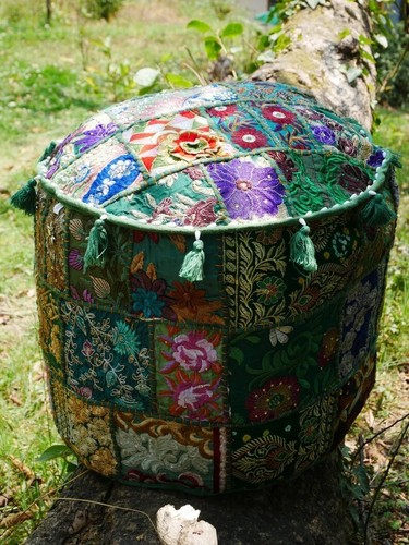 22" Indian Vintage Pouf Ottoman Round Ottoman Cover Pouf Pouffe Footstool Ethnic - Picture 12 of 36