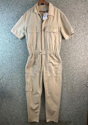 Bershka Denim Jump Suit Womens Medium Beige Overall Short Sleeve NWT