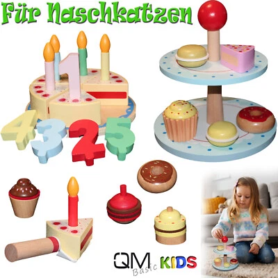 QMBASIC Kinder Küche HOLZ Zubehör ETAGERE Set mit Torte Kuchen Muffin Praline