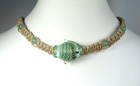 Handmade Flat Hemp Choker Necklace with Green Glass Fish and Aventurine Stones