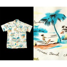 Mens Vintage 1940s Shirt 40s Rayon Novelty Print Florida Tourist Beach Button Up