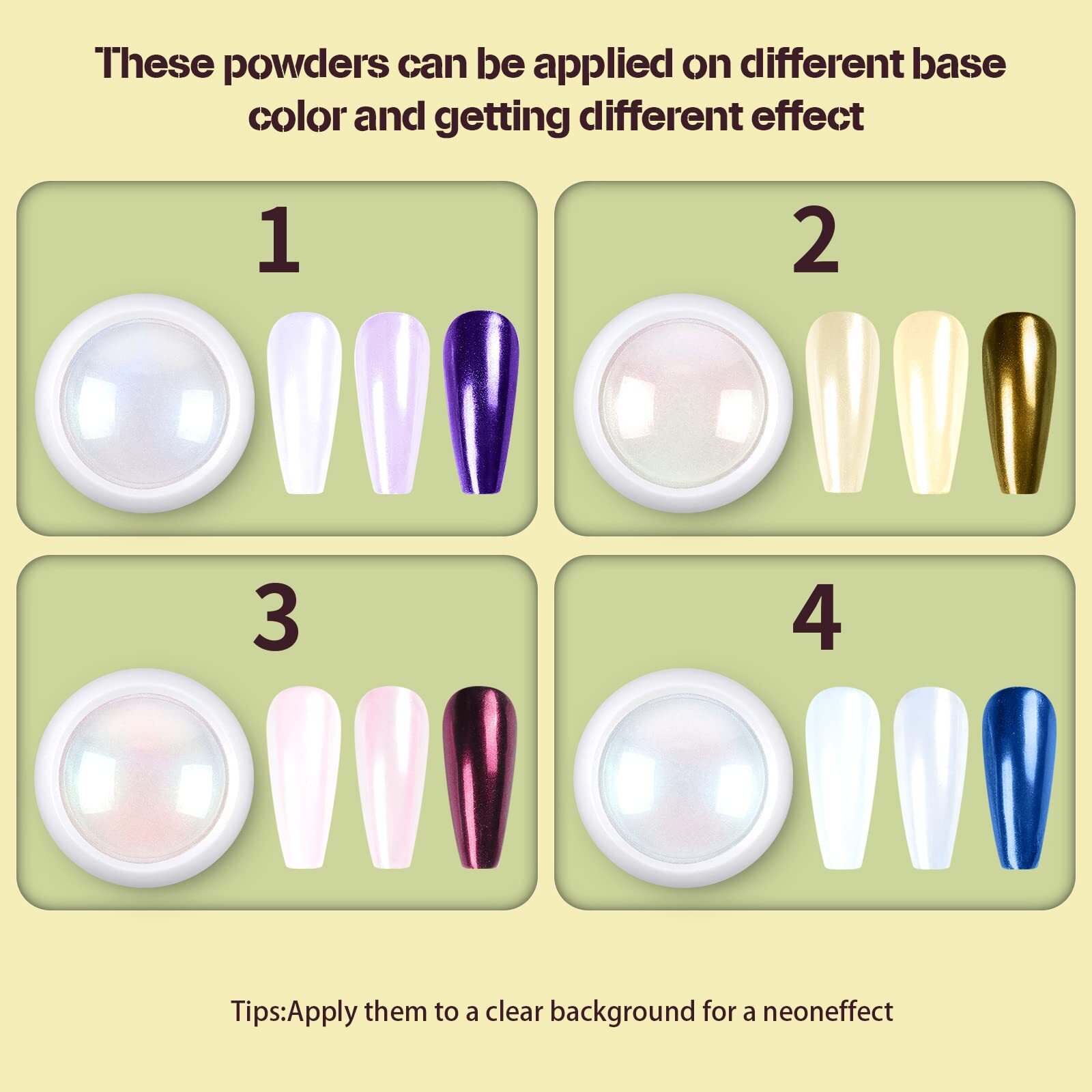 Chrome Nail Powder Set with 4 Jars Mirror and Iridescent Effects for Nail Art