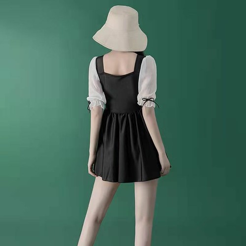Women Puff Sleeves Lacing Swimdress Color Matching Swimsuit Slim Bathing Suit - Picture 7 of 14