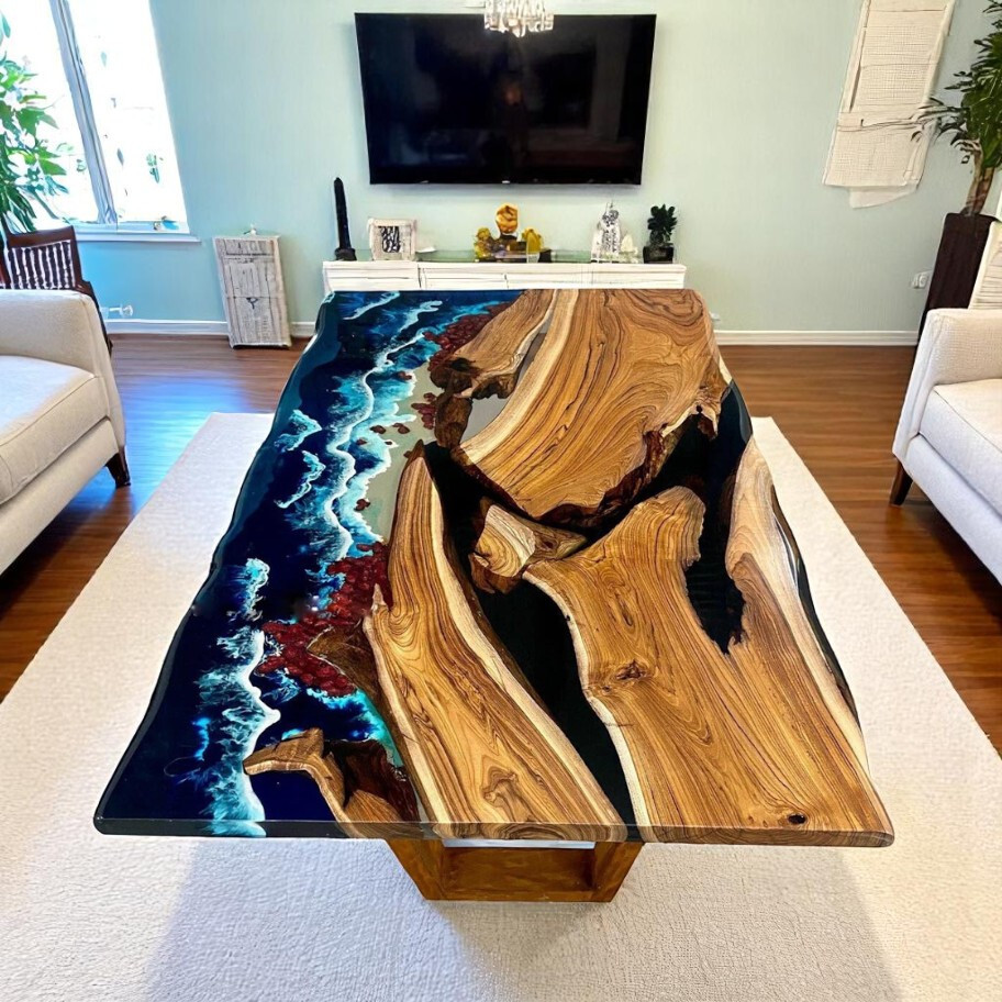 Custom Ocean Wave Resin Wood Dining Table 36x72 Hotel Furniture-image