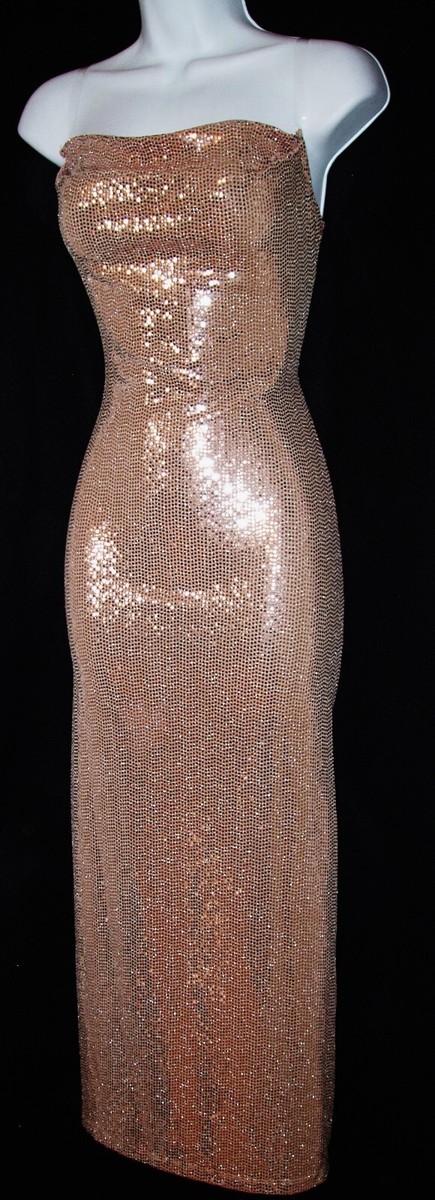 bebe rose gold sequin dress Sequin Cowl Back Midi Dress in Rose Gold