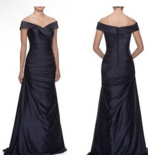 LA FEMME Off the shoulder ruched satin trumpet Gown