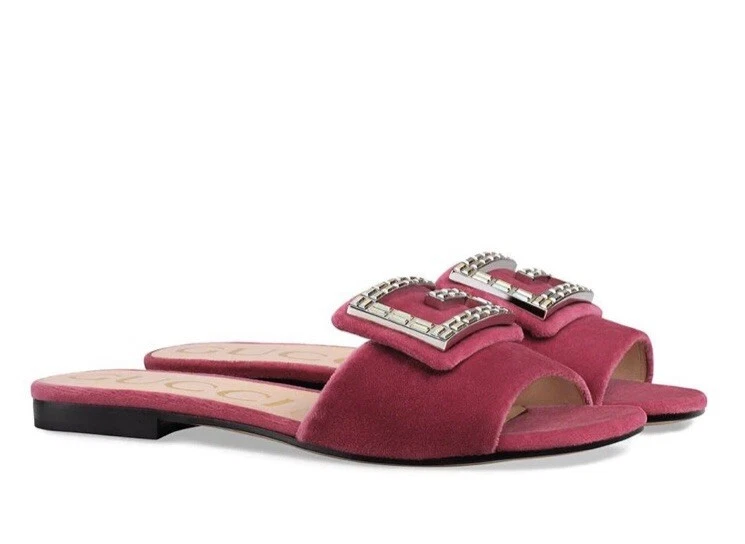 GUCCI Madelyn Strass Crystal G Velvet Raspberry Rose Slides/Shoes/Sandals  S.37.5