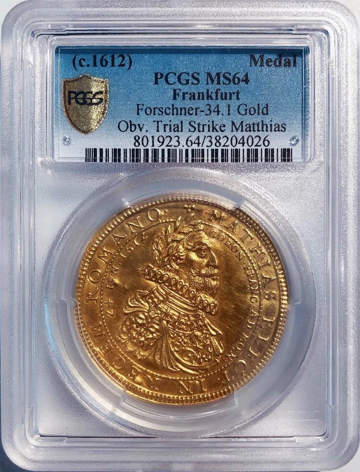German Gold Obv Die Trials c.1612 Matthias II Coronation Medals PCGS MS 65 - Image 2 of 4