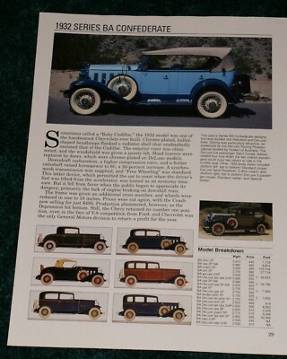 1932 CHEVY SERIES BA CONFEDERATE SPEC SHEET INFO PHOTO 32 DELUXE COACH COUPE