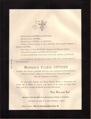 NANCY - TODESBERICHT HERR EUGENE LEPOIRE - 1902