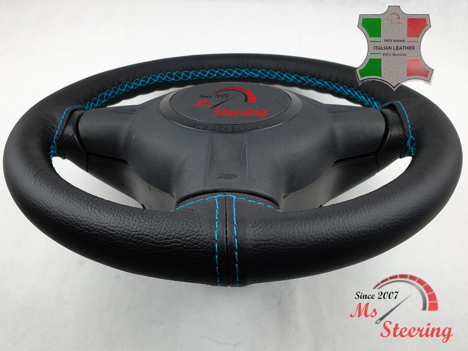 FOR OPEL VECTRA C 02-08 BLACK LEATHER STEERING WHEEL COVER LIGHT BLUE 2 STIT