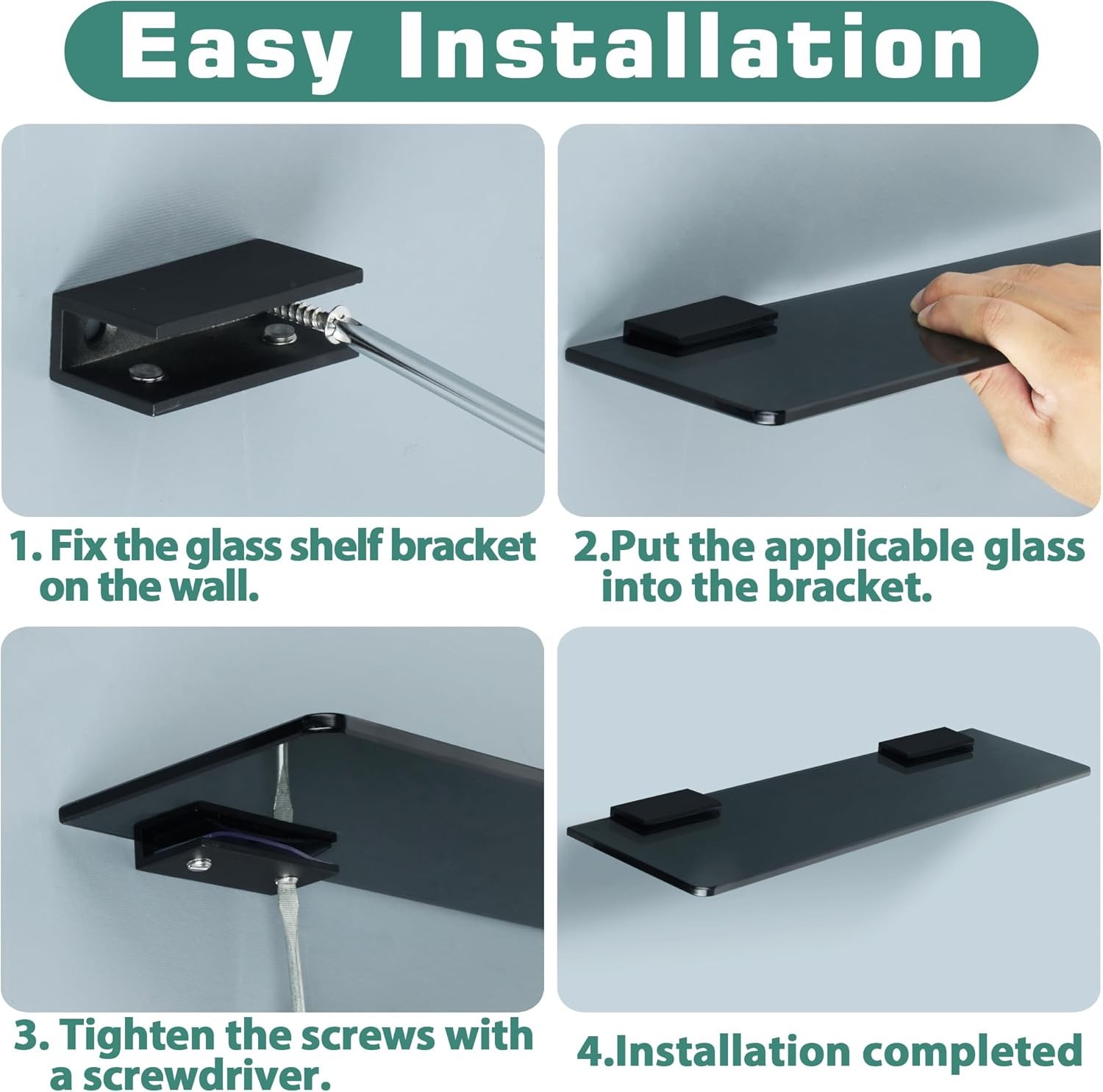 Alise Glass Shelf Brackets 2Pcs, Adjustable Shower Rectangle, Black 