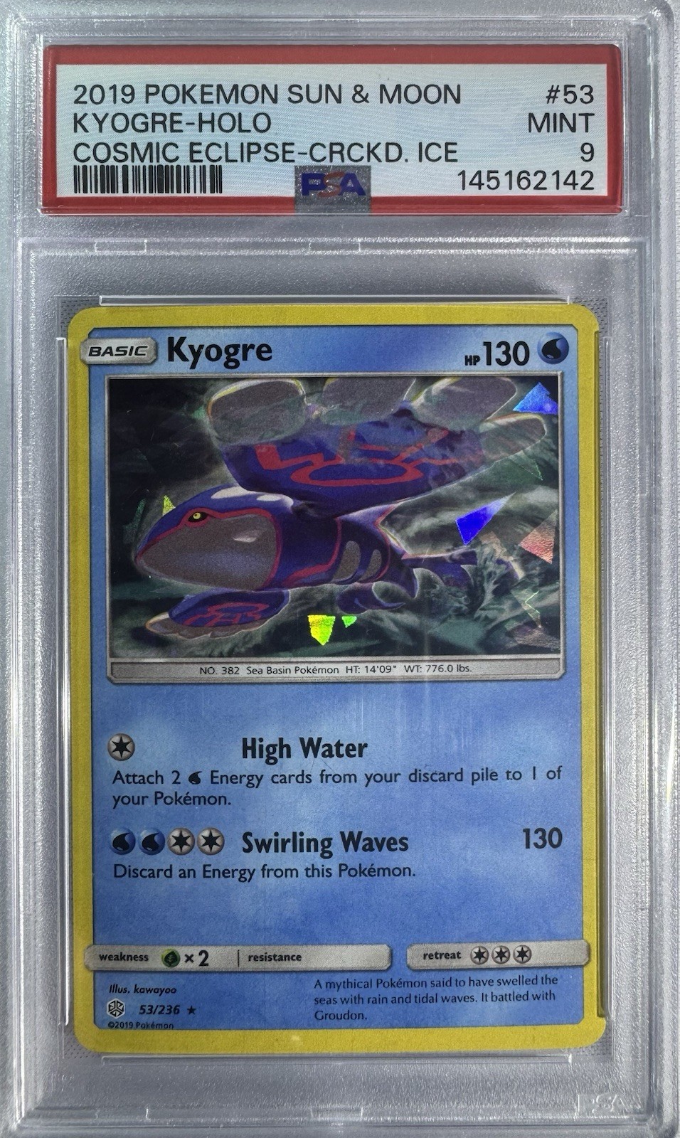 2019 Pokemon Sun Moon Cosmic Eclipse Kyogre #53 Cracked Ice Holo PSA 9