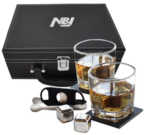 Black Whiskey Gift Set- Premium Whiskey Glasses, Stainless Steel Cubes, Coasters