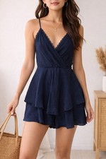 Blue Rain Romper Dress Navy Lace Trim V Neck Flowy Layered Boho Size S