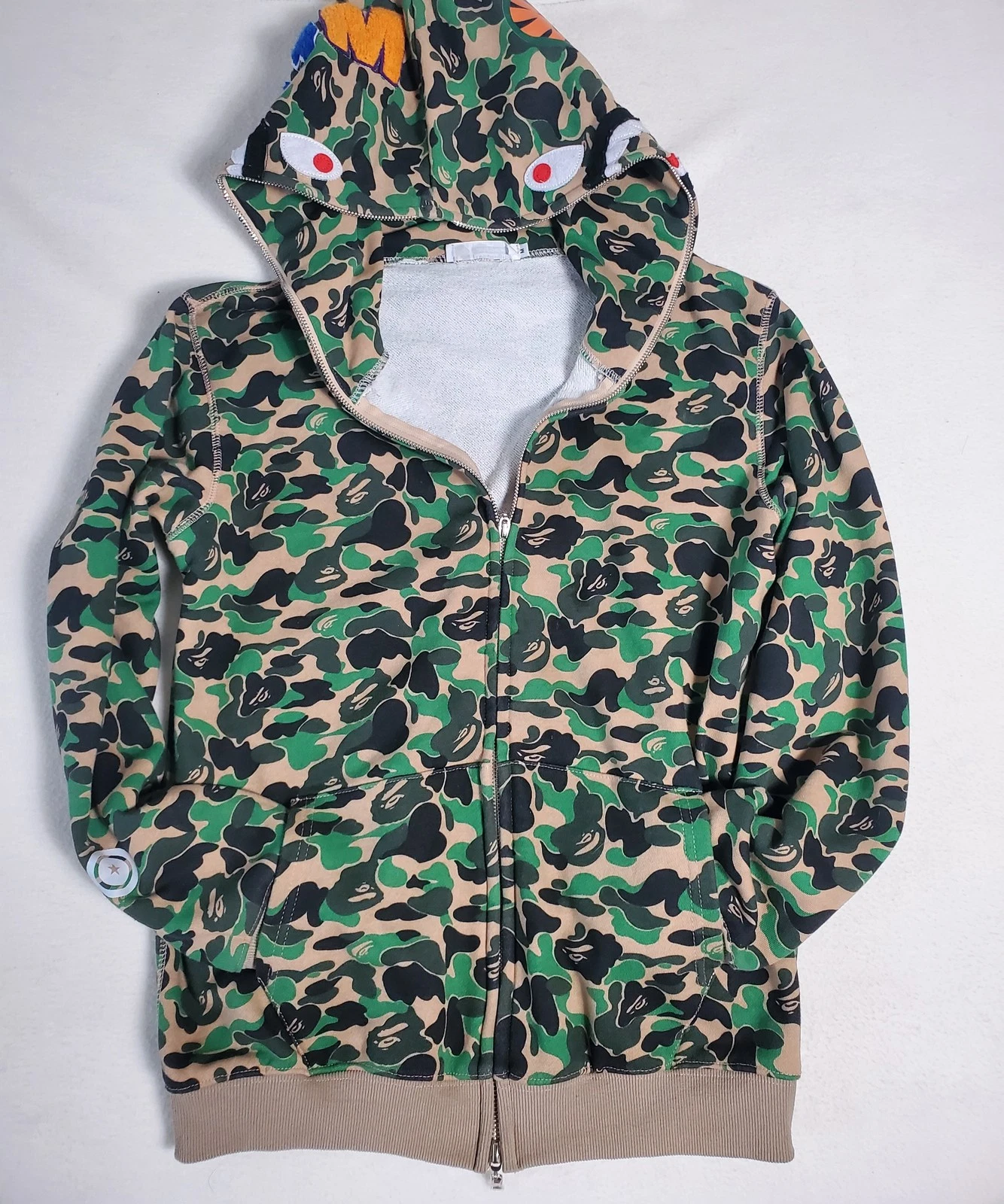 A BATHING APE (BAPE) Felpa con cappuccio uomo A Bathing Ape verde medio mimetico squalo full zip Bape WGM Tiger Japan