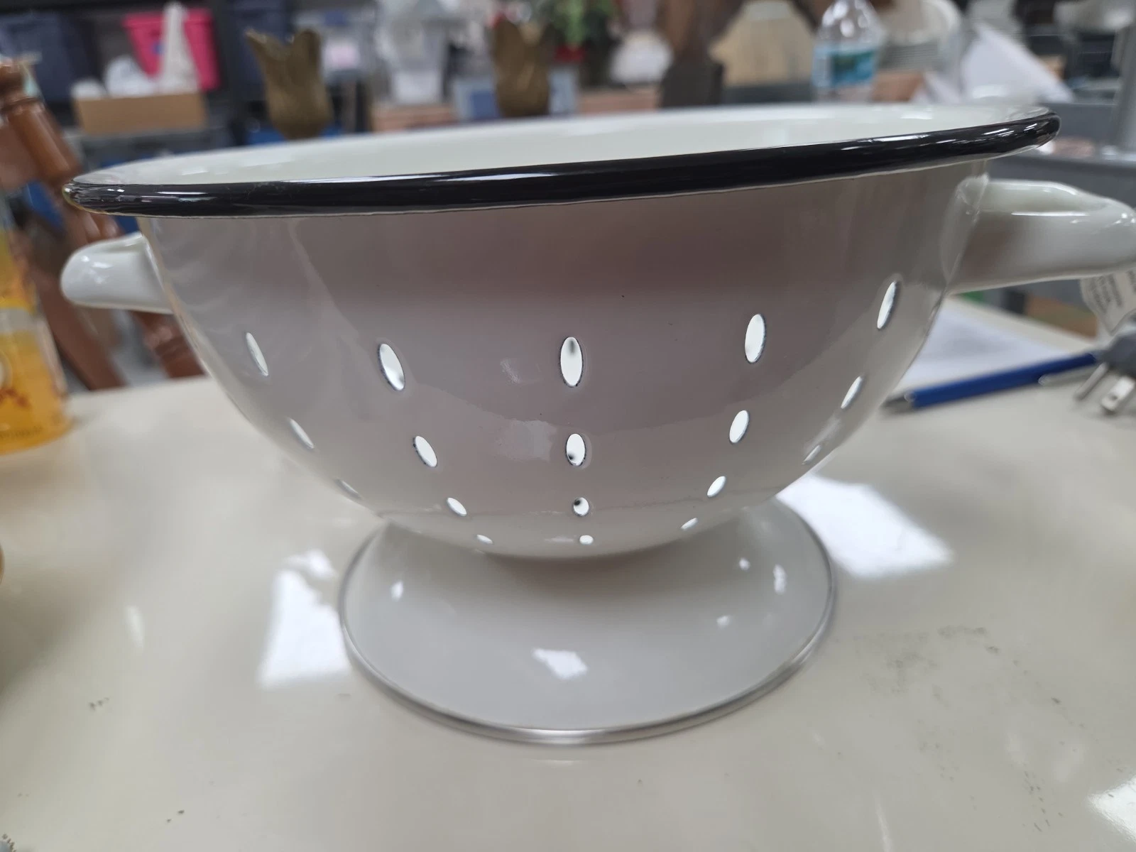 Vintage 9" White Enamel Metal Colander With Handles & Pedistal