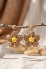 Natural Straw Raffia Flower Boho Woven Earrings, Floral Summer Statement