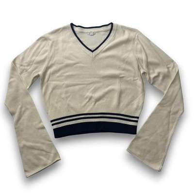 Garage Women V-Neck Cropped Sweater Cream Navy Striped Flare Sleeve XL 100083833