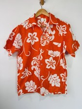 Vintage Barkcloth Hawaiian Shirt Bright Orange Honolulu Sz M Cotton Tiki Bar Fun