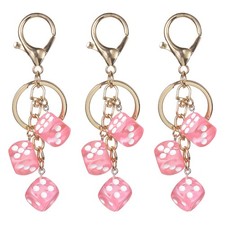 3pcs Lucky Dice Keychain Charm, Resin Dice Keyring with 3 Pendants, Pink