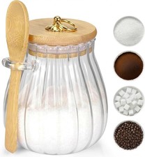 Glass Sugar Container Bamboo Lid Spoon 15 oz Coffee Canister