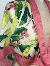 VTG Lg Victorias Secret Scarf 43" Pink Green Silky Tropical Floral Logo Fashion