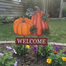 Elegant 22-Inch Fall Garden Stakes with Pumpkin Welcome Sign, 2-Piece Set