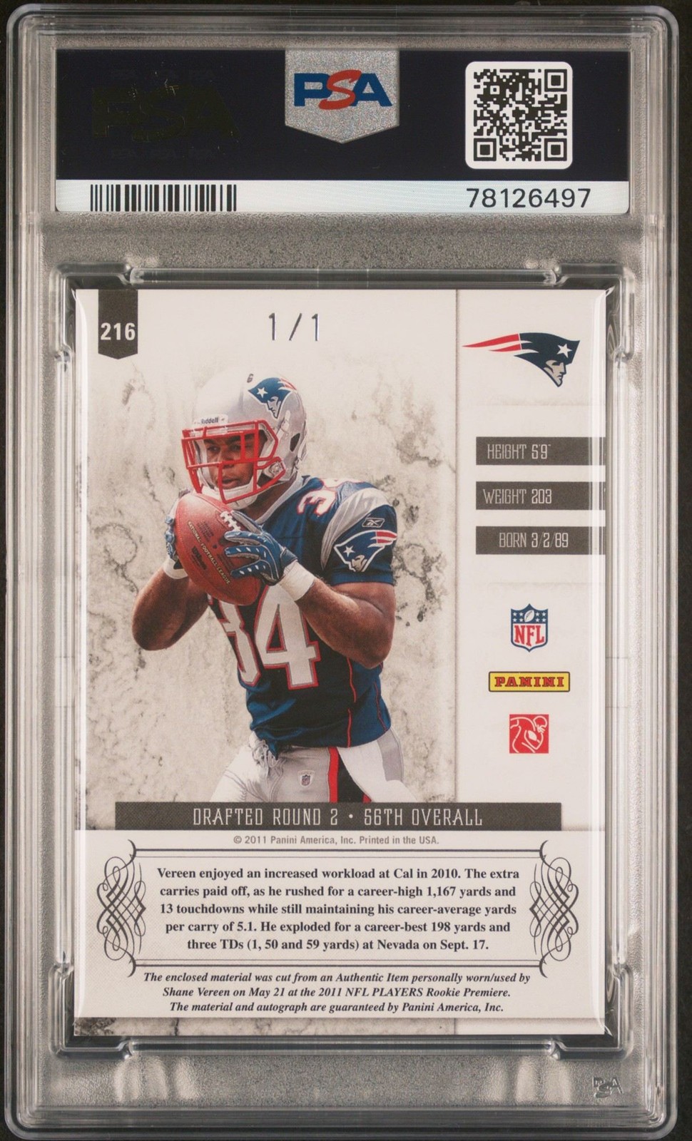 2011 Plate and Patches Brand Logo RPA 1/1 Shane Vereen Rookie Auto PSA 8 CD5 view 2