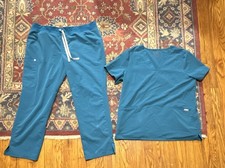 FIGS Technical Collection Teal Blue Scrubs Set XL Top  Pants Drawstring