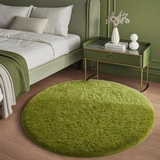 Round Rug 4Ft Grass Green Circle Area Rug Room Decor, Fluffy Fuzzy Bedroom Ca...