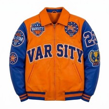 Men's letterman Orange Blue Genuine leather Varsity Basketbal Embroidered Jacket