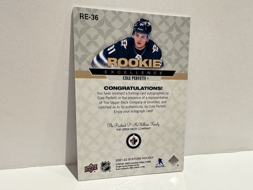 Cole Perfetti 2021-22 UD Stature Auto Rookie Excellence Blue /3 Hockey Card NHL! - Picture 10 of 11