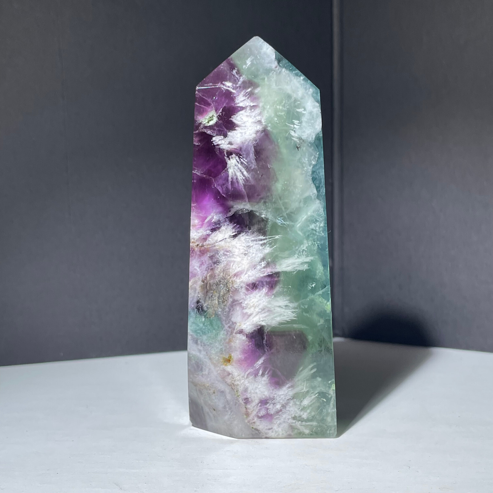 190g Natural Rainbow Fluorite Obelisk Crystal Healing Wand Tower Point