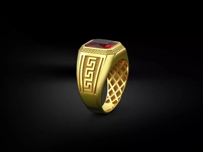 3Ct Emerald Cut Lab Created Ruby Solitaire Men Pinky Ring 14K Yellow Gold Plated - Image 4 of 4