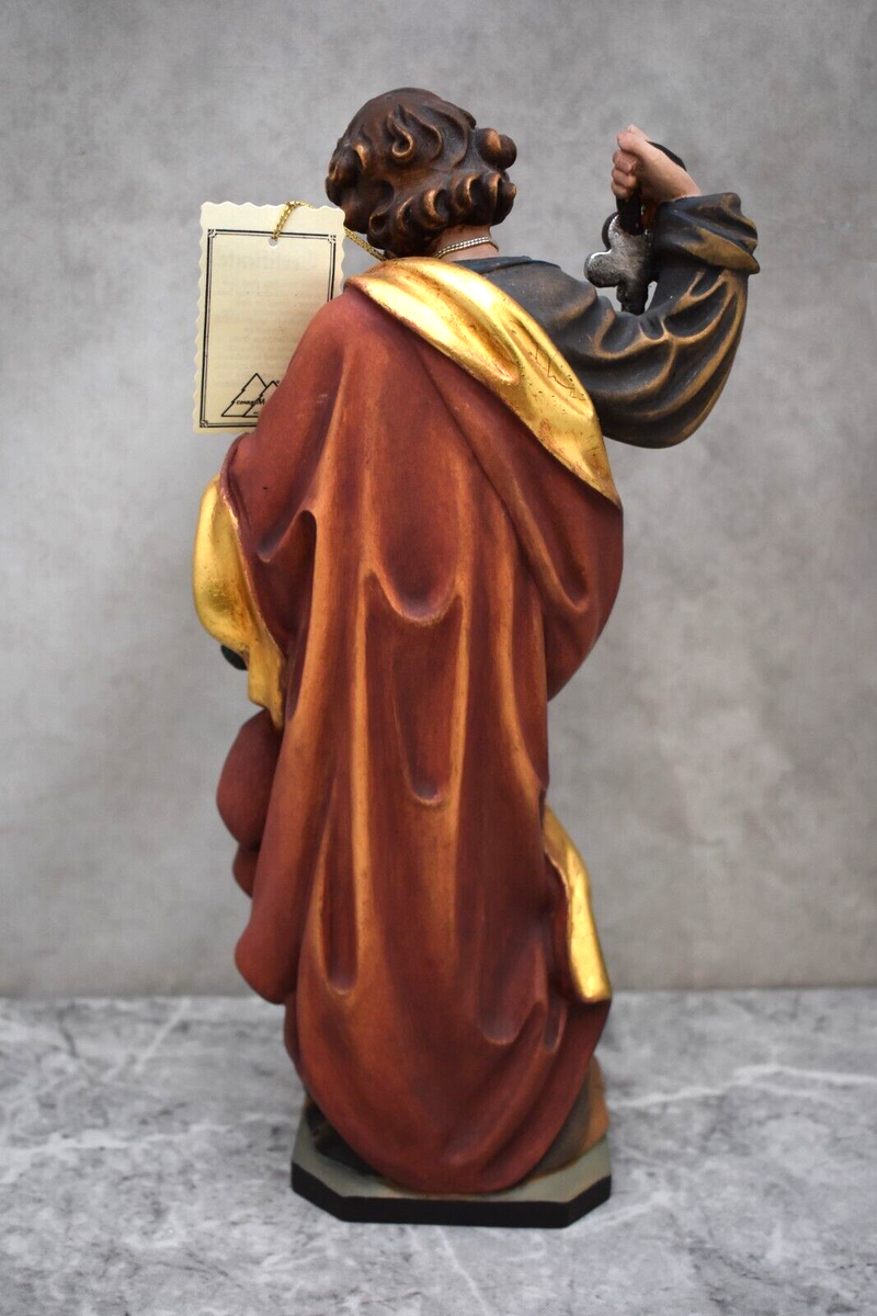 Hand Carved Wood Statue of St. Peter by Conrad Moroder, with COA