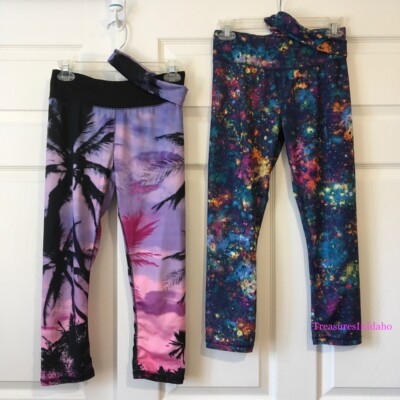 2 Pairs Energie Capri Legging Pants with Matching Headbands Yoga Galaxy Tropical