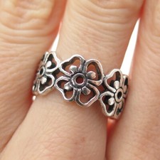 925 Sterling Silver Vintage Flower Blossom Oxidized Band Ring Size 8.25