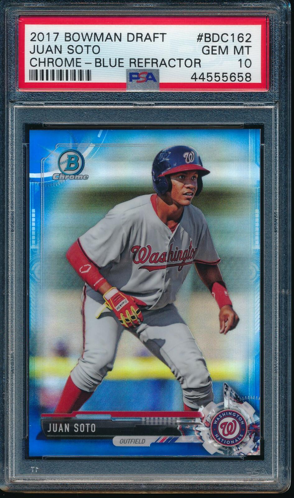 PSA 10 JUAN SOTO 2017 Bowman Chrome Draft Blue Refractor /150 Rookie RC GEM MINT