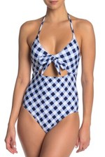 New 221 Splendid Swimwear Women's Blue Plaid Cutout Halter One-Piece Swimsuit L